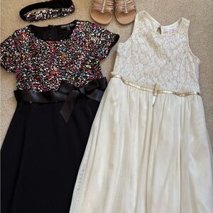 Black Sequin Bodice & Cream Lace Tulle Kids Party Dress and sandals